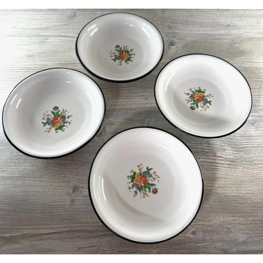 4 Vtg White Enamelware Bowls 7" Floral Bouquet Pattern Black Rim Cottagecore Set